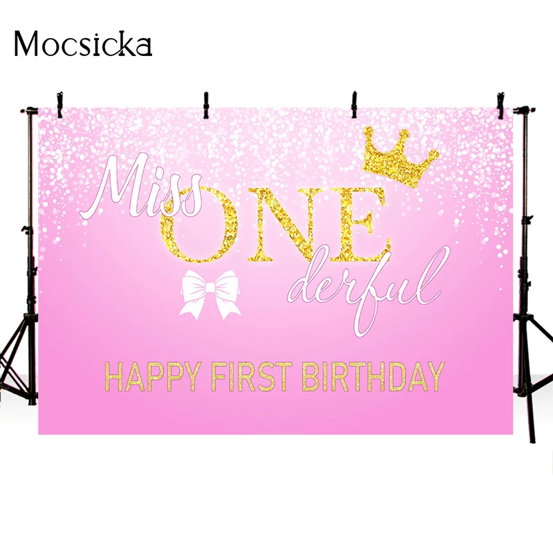 Miss Onederful Pink Backdrop Girl 1st Birthday Party Banner Bowtie Toddler Little Miss for First Birthday Photography Background