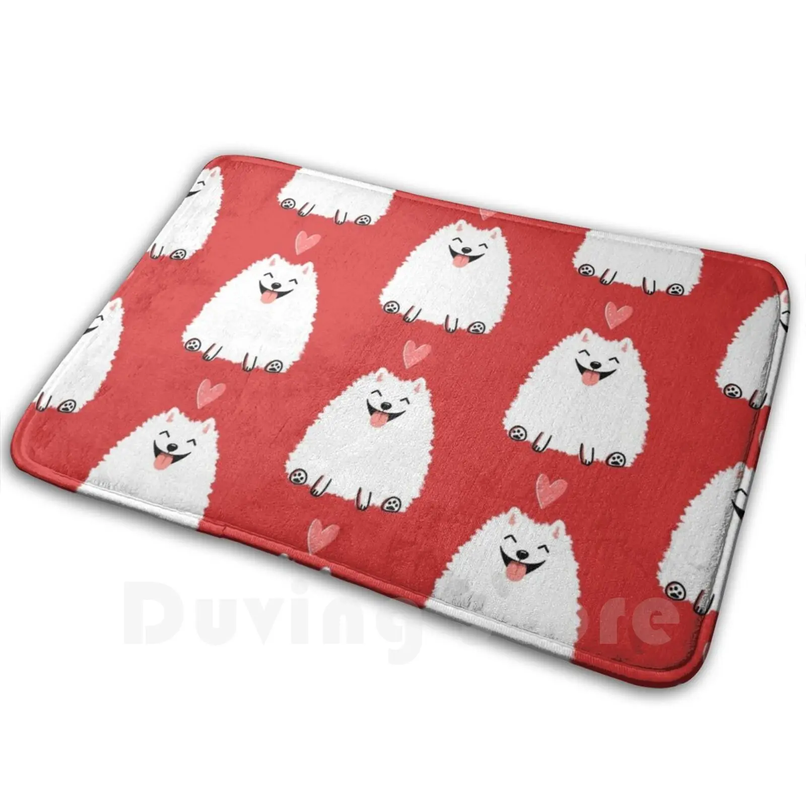 Fluffy White Pomeranian With Valentine Heart | Cute Cartoon Dog Carpet Mat Rug Cushion Soft Non-Slip Pomeranian Pom