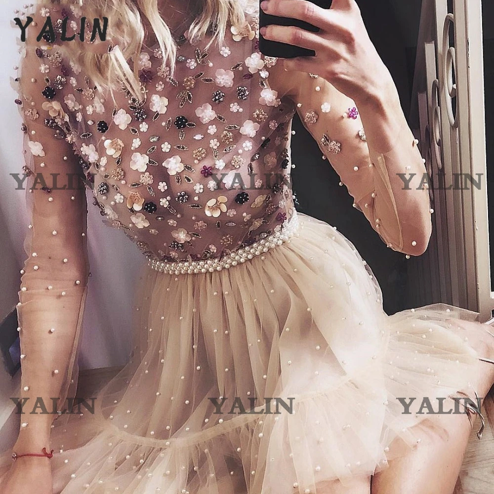 YALIN Pha Lê Đính Hạt Homecoming Áo Cổ Tròn Tay Dài Sinh Nhật Đầm Ngắn Thanh Lịch Vũ Hội Đồ Bầu Vestidos De Fiesta