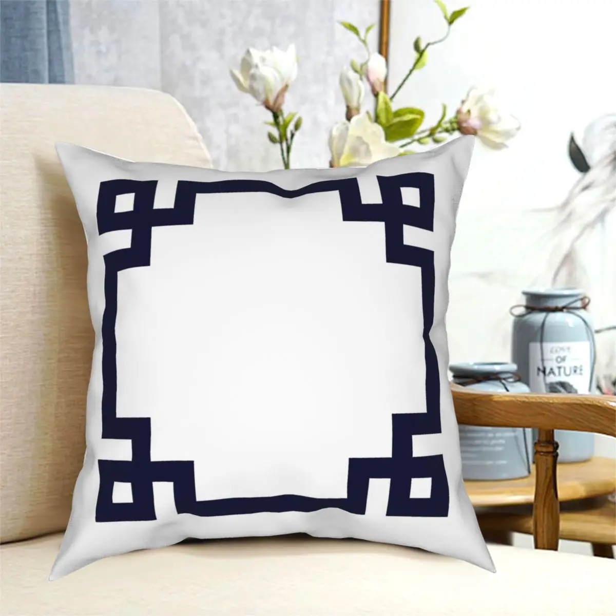 

Navy Blue Greek Key Square On White Square Pillowcase Polyester Printed Decor Pillow Case Room Cushion Cover Wholesale