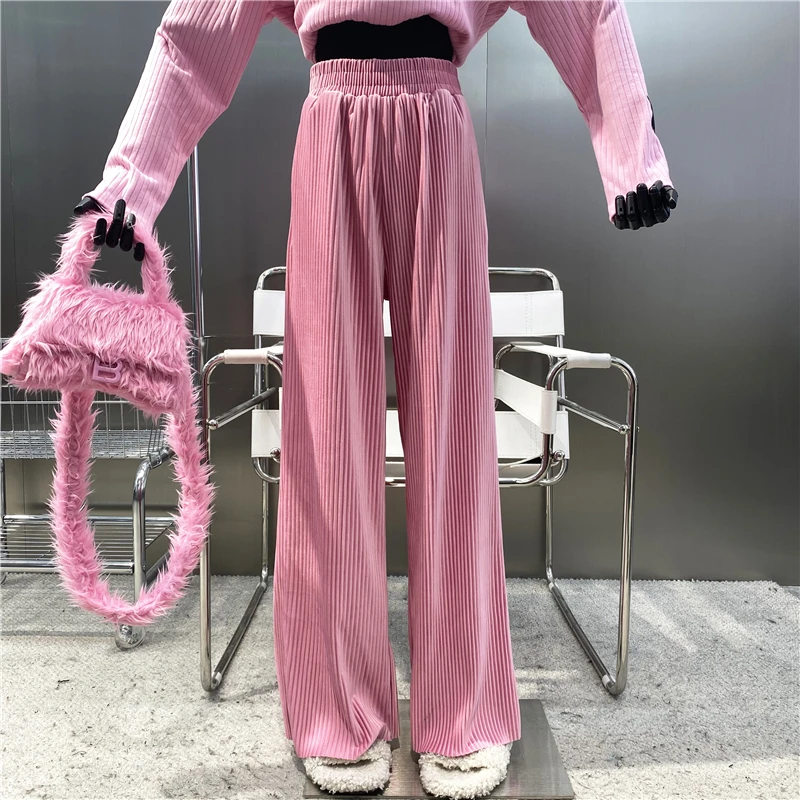 New Sagging Loose Velvet Pleated Wide Leg Pants Foreign Style Versatile Solid Color Elastic Waist Pleated Sports Casual Trousers