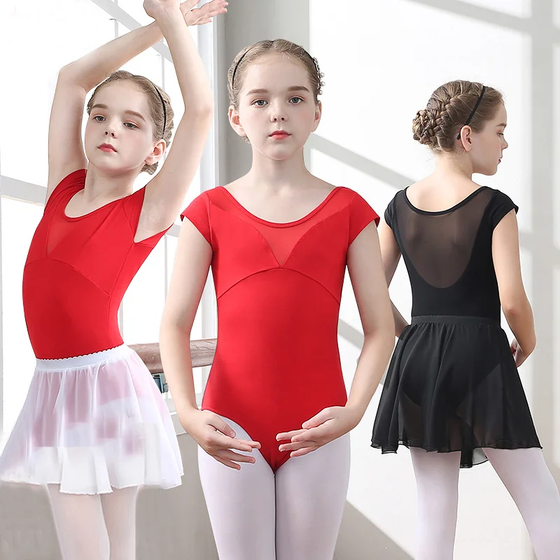 Roupas de treinamento de dança das crianças meninas macacão de dança mangas curtas com saia roupas de ginástica crianças ballet dança traje