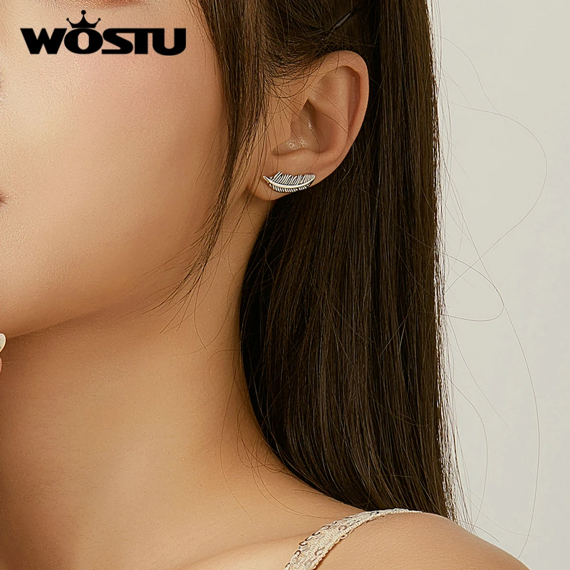 WOSTU Vintage Feather Stud Earrings 925 Sterling Silver Fashion Small Earrings For Women Wedding Authentic S925 Jewelry FIE865