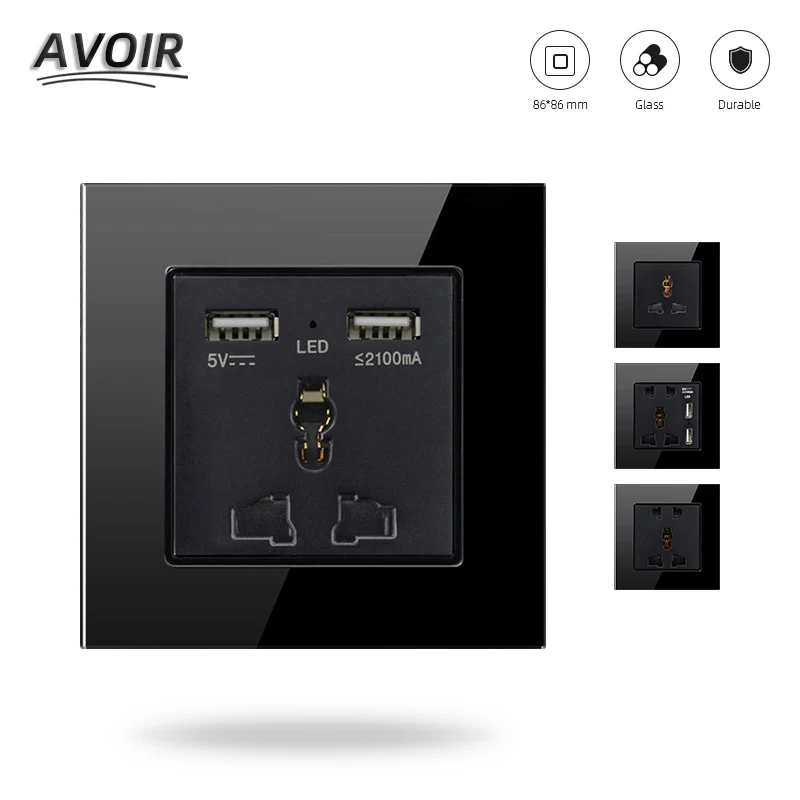 Avoir Universal Wall Socket Tempered Glass Panel With Dual Usb Port 220V Three-hole, Five-hole Multi-function Socket Home