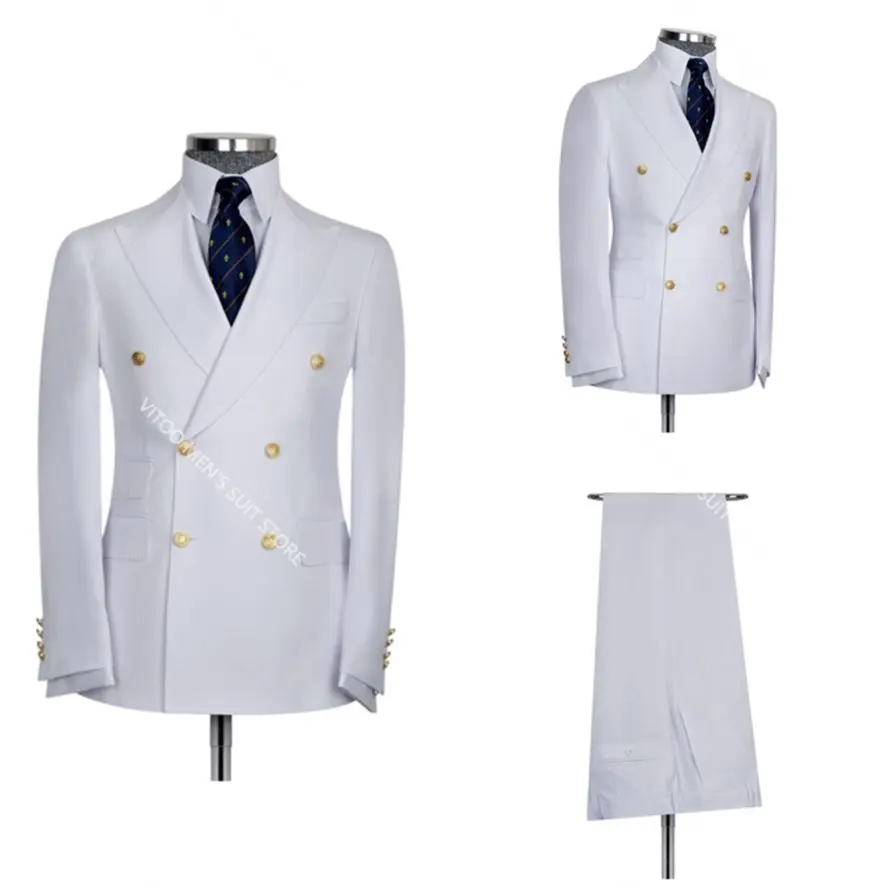 

Men Suits Classic White Solid Color Peaked Lapel Blazer Custom Made Double Breasted Party Prom Coat Tuxedos/Wedding Male Sets