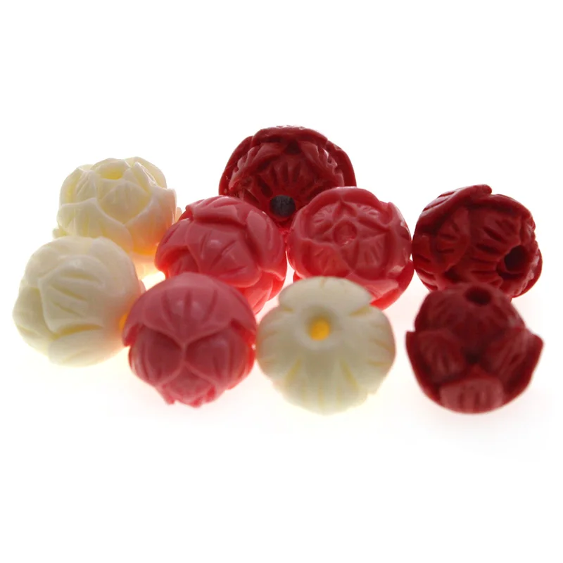 10pcs/Lot Carved Lotus Flower Cinnabar Red Beads Round Loose Spacer Beads 8 10 12 mm for Jewelry Making DIY Bracelet Findings