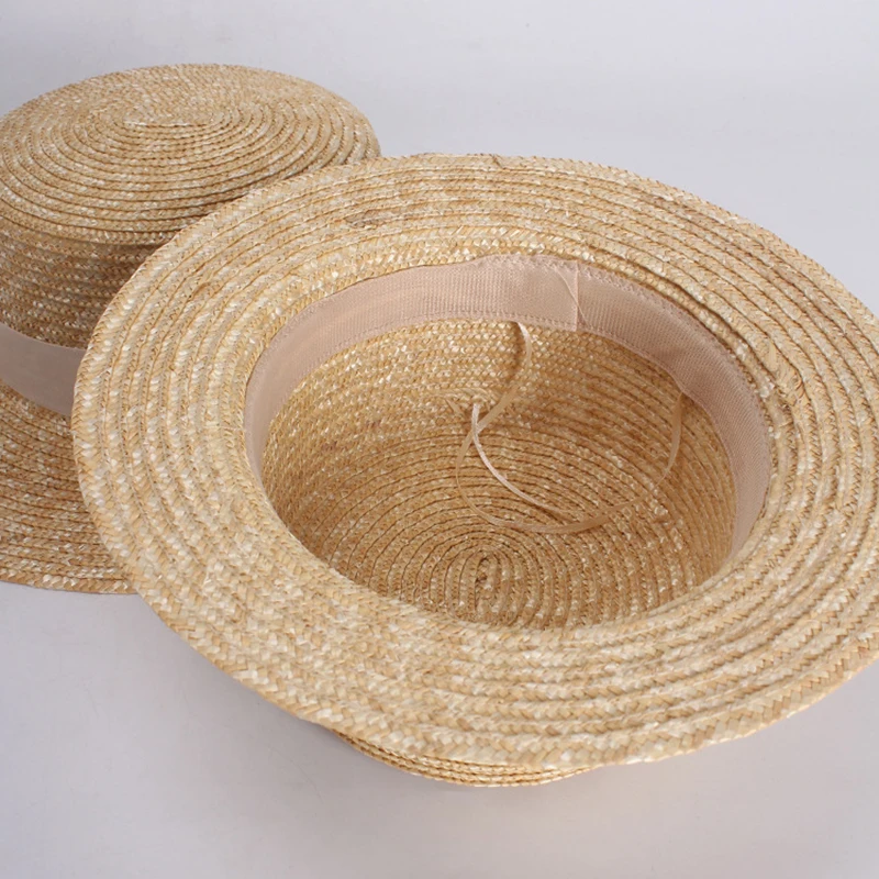 Unisex Boater Straw Hat made of Wheat Straw Flat Top Hat