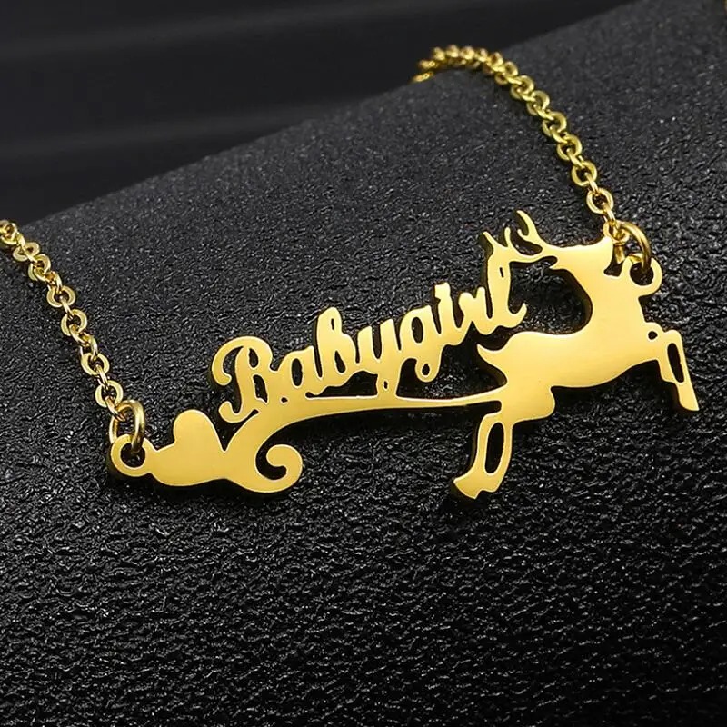 Custom Name Necklace For Women Children Personalized Gold Color Stainless Steel Reindeer Pendant Necklace Christmas Gift