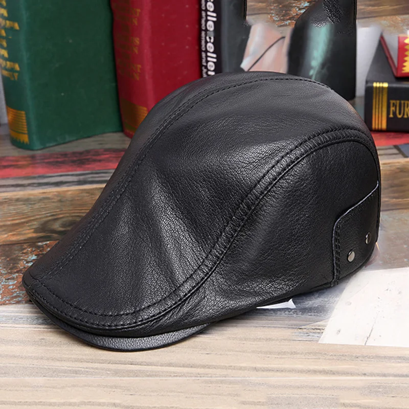 

Flat Men Cap Real Leather Black Male Beret Hat Cowhide Genuine Leather Men's Duckbill Autumn Winter Gatsby Cap Adjustable