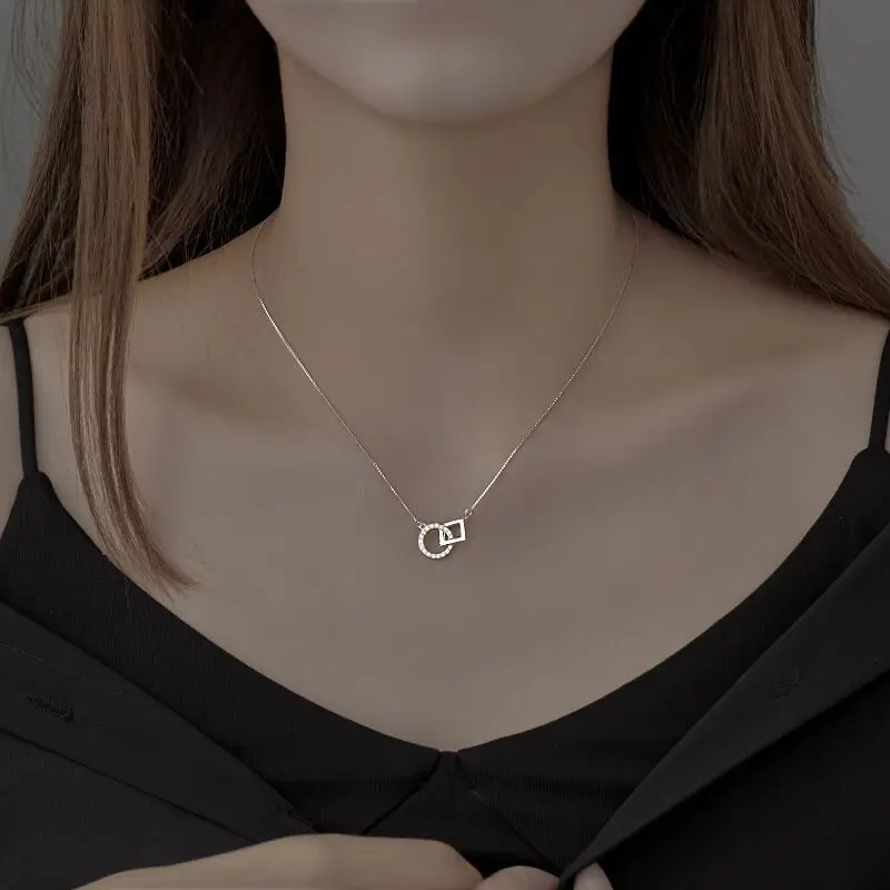 Trendy 925 Sterling Silver Square Round Necklace Cute Clavicle Chain CZ Zirconia Geometry Pendant Choker Girl Party Gift Jewelry