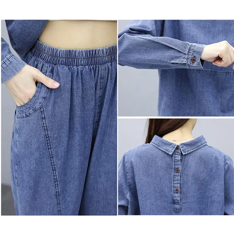 Fashion Large size Denim Suit Female 2023 Spring Autumn New Korean Loose Long-sleeved Denim+Pants Casual Student Two-piece suit