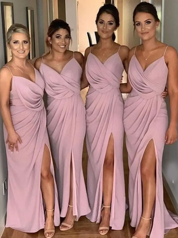 Sheath Chiffon High Split Wedding Bridesmaid Dress Plus Size Customized Spaghetti Straps Ruched Sexy Maxi Evening Cocktail Gown