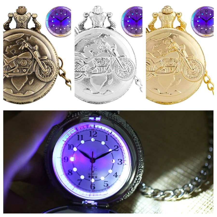 Bronze Luminous LED Dial Motocicleta Quartz Pocket Watch, Motorbike Cadeia, Esculpida Steampunk Cadeia, Relógio Presentes