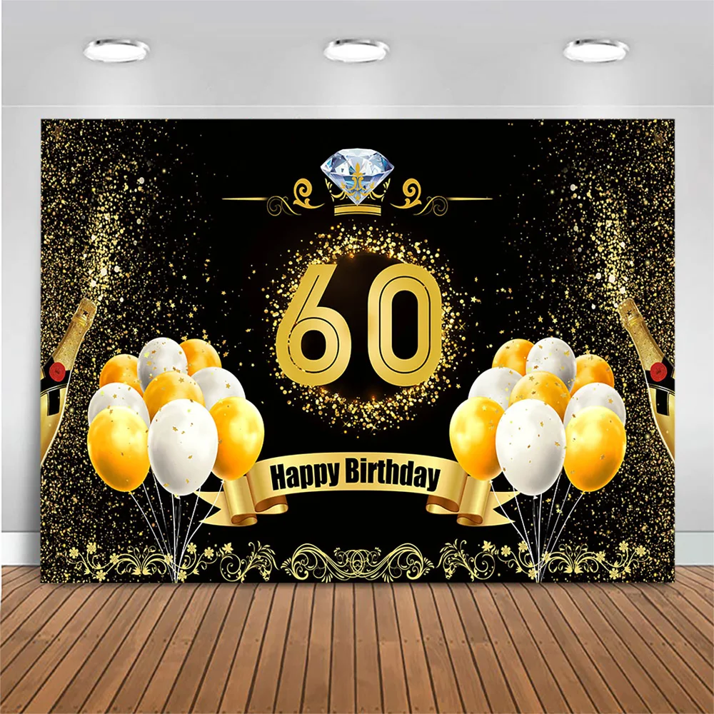 60th Birthday Backdrop Golden Balloons Diamond Champagne Photography Background Birthday Party Photo Background for Photo Studio