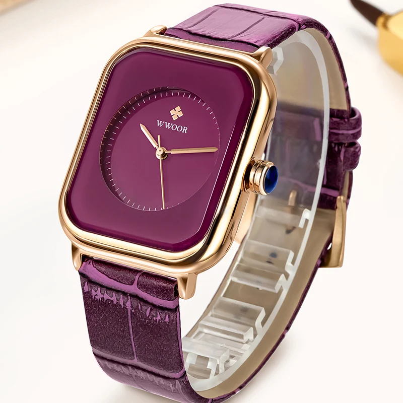 WWOOR Fashion Watch Women Square Quartz Watch Ladies Dress Casual Wrist Watches Purple Leather Waterproof Clock Box Montre Femme