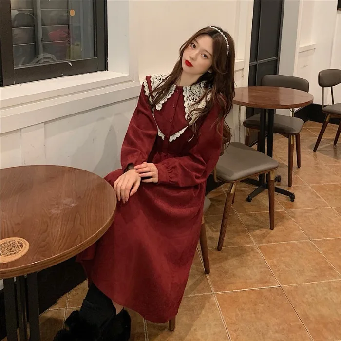 Lace Peter Pan Collar Waist Slimming Dress 2020 New Women's Autumn and Winter Retro Mid-Length Temperament Dress fairy dress