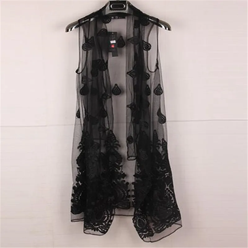 Men's long design embroidered vest fashion non mainstream cardigan personalized cape translucent sleeveless vest