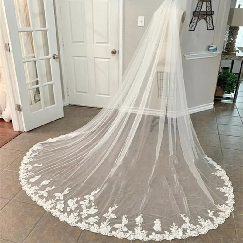 Vintage Wedding Veils 3M 1T Length Lace Appliques White Ivory With Comb Tulle Bridal Veil Custom Made Wedding Accessories