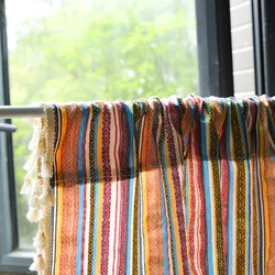 Boho National Style Tulle Sheer Stripes Embroidered Short Window Curtain for Home Living Room Decor in the Kitchen Cafe Curtain