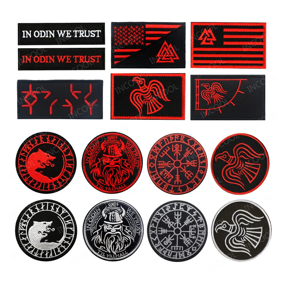 Viking Reflective Embroidered Patches IN GOD WE TRUST Patches Wolf Fabric Embroidery Patch Maker For Clothing Backpack