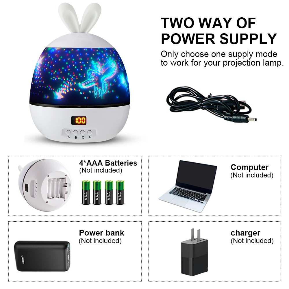 Rabbit Style Led Stars Projector Nightlight Night Lights With Timer Rotat Sleeping Light Projector Light Children Kids Gift D30