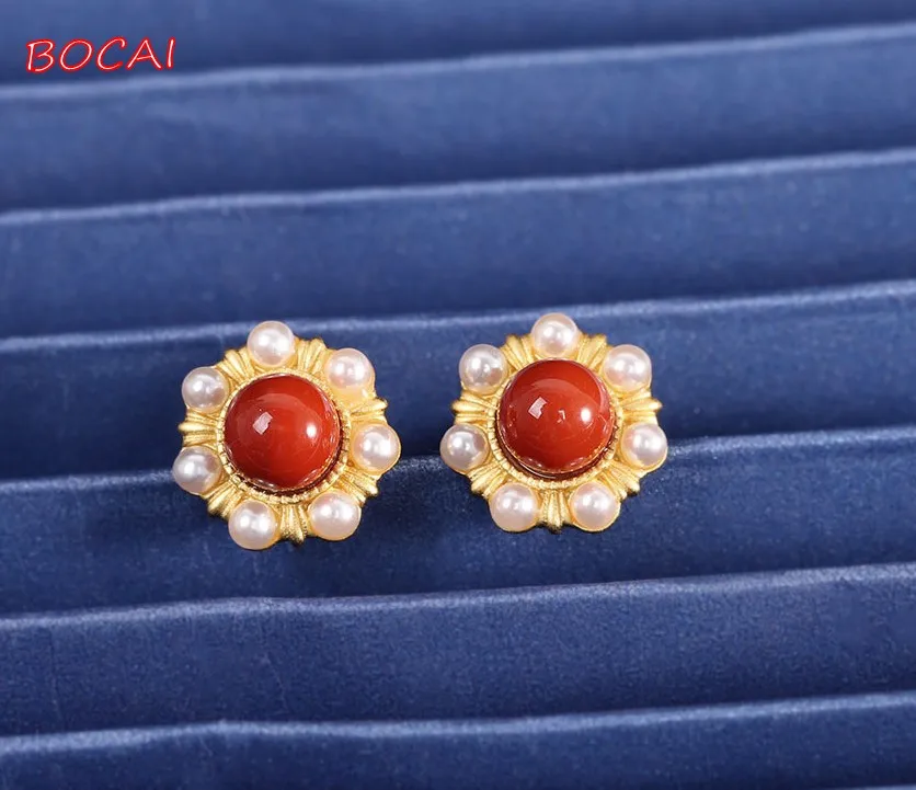 

s925 silver southern red agate earrings fashion trend women's earrings inlaid with pearls