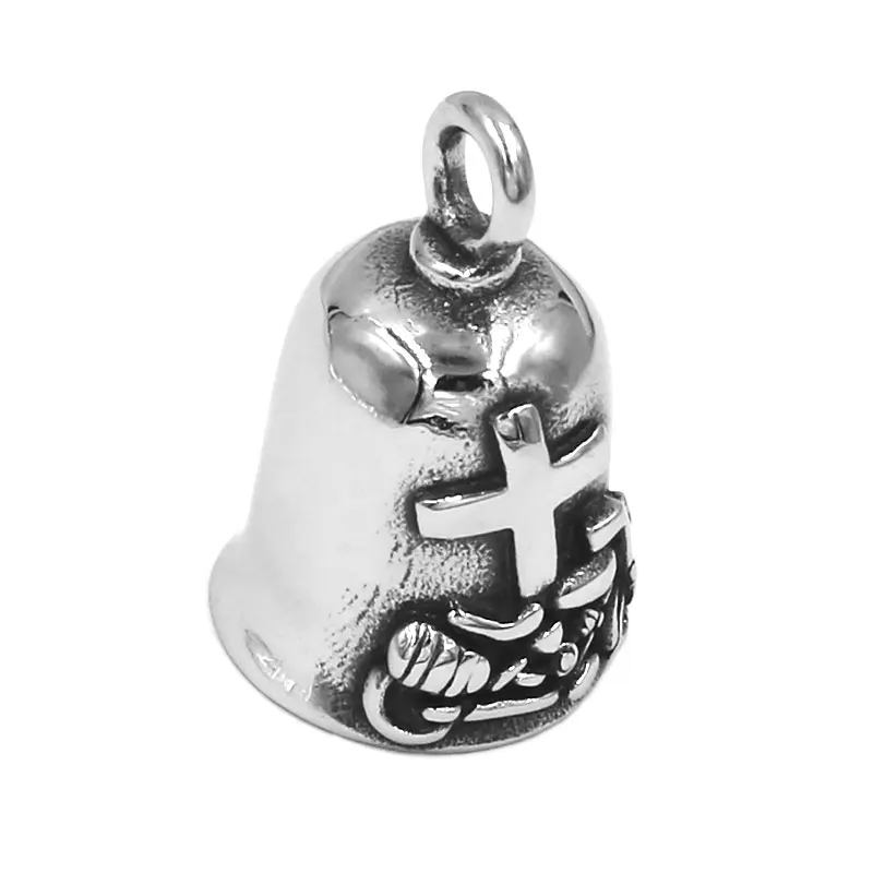 Punk Motorbike Cross Bell Pendant Stainless Steel Skull Hand Middle Finger Bell Pendant SWP0603 (Has steel ball, no bell ring)