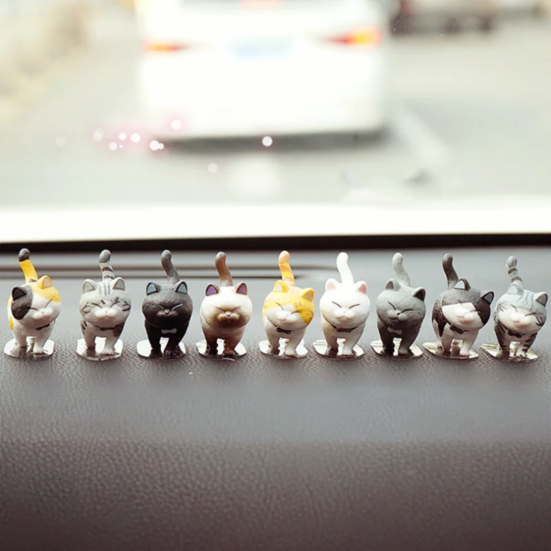 9Pcs Car Decoration Cat Rotate Head Doll Kitty Creative Auto Ornaments Toys Cat Micro Landscape Model Cute Car Accessories Gifts