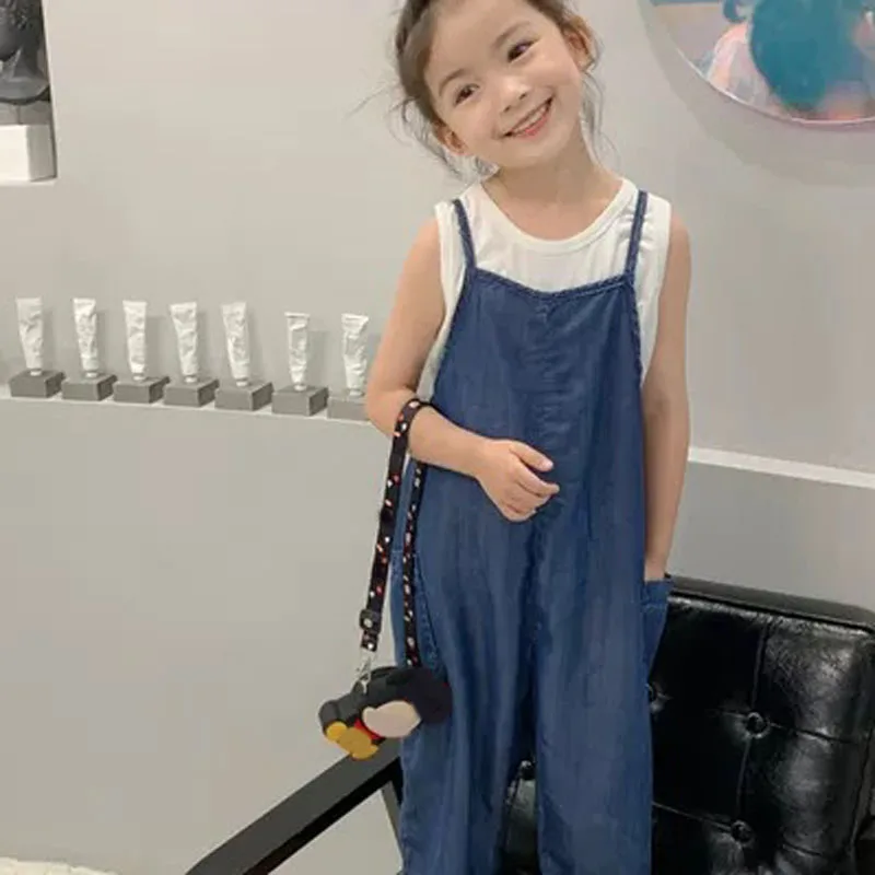 Spring And Summer Girls' Pants Korean Style Suspenders Denim Loose Jumpsuit Trousers  Baby Kids Clothes Children'S Clothing