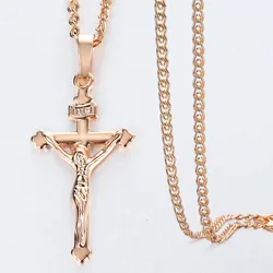 Religious Jesus Cross Necklace for Men Women 585 Rose Gold Color Crucifix Pendant Necklace Fashion Jewelry Gift GP404
