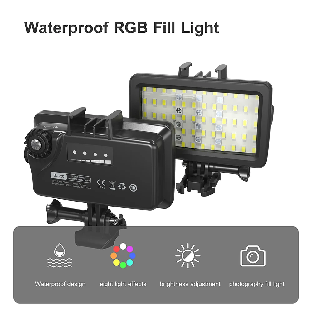 

Professional IPX8 Waterproof RGB Video Light 3000mAh Rechargeable Photography Fill Light 5000-6000K LED Camera Light for Gopro