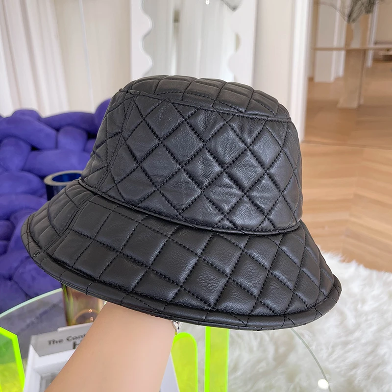 Chic Leather Fisherman Hat For Women Men Real Skin Checkered Embroidery Neutral Basin Caps Korean Plaid Winter Casquette Street