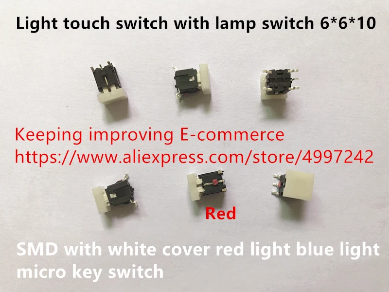 

Оригинальный новый 100% световой сенсорный переключатель с ламповым выключателем 6*6*10 мм SMD с белой крышкой, красный свет, синий свет, микрокнопочный переключатель