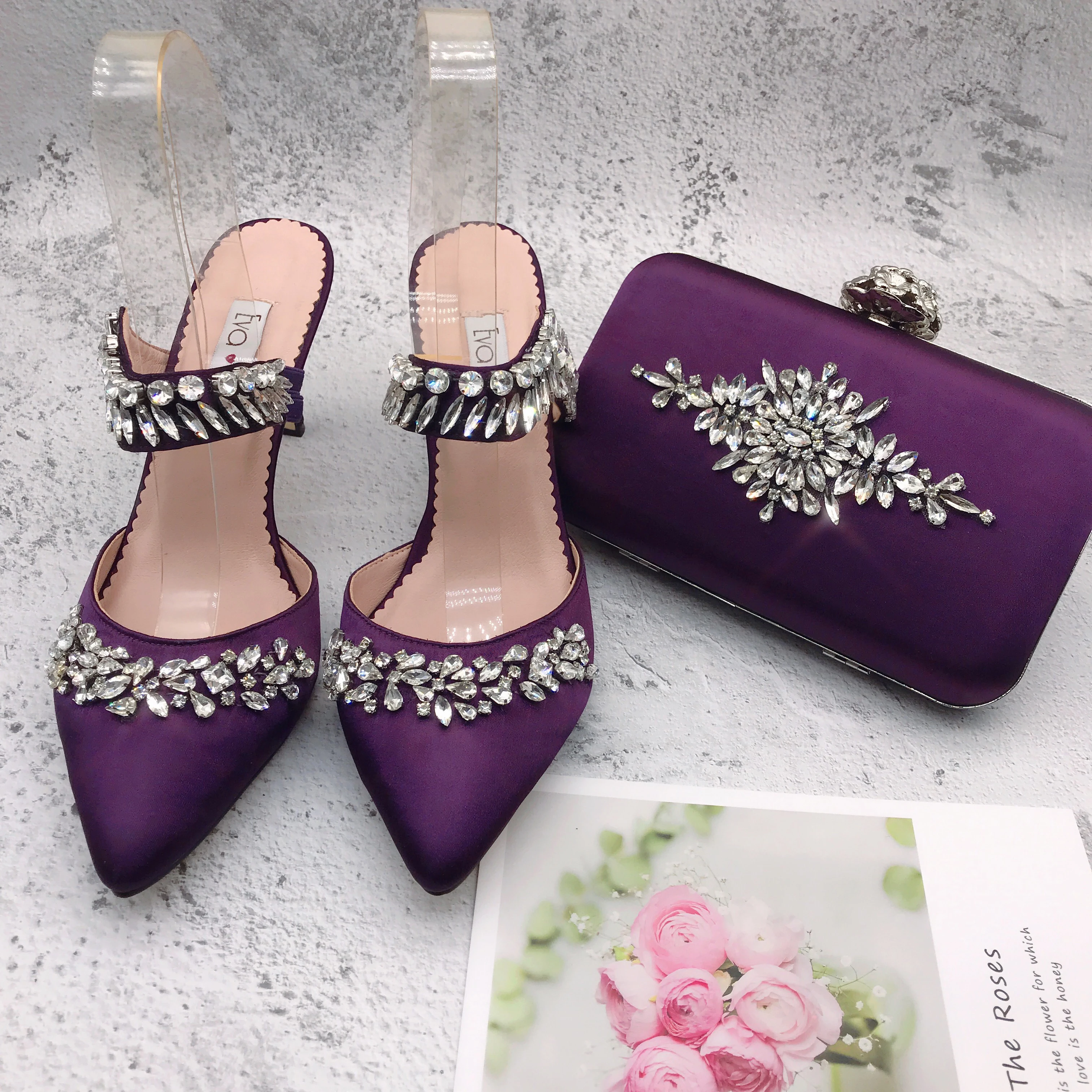 BS1258  Custom Made  High Heels Women Slipper Sandals Wedding Shoes Slides Purple Rhinestones Crystal  Shoes And Bag Set