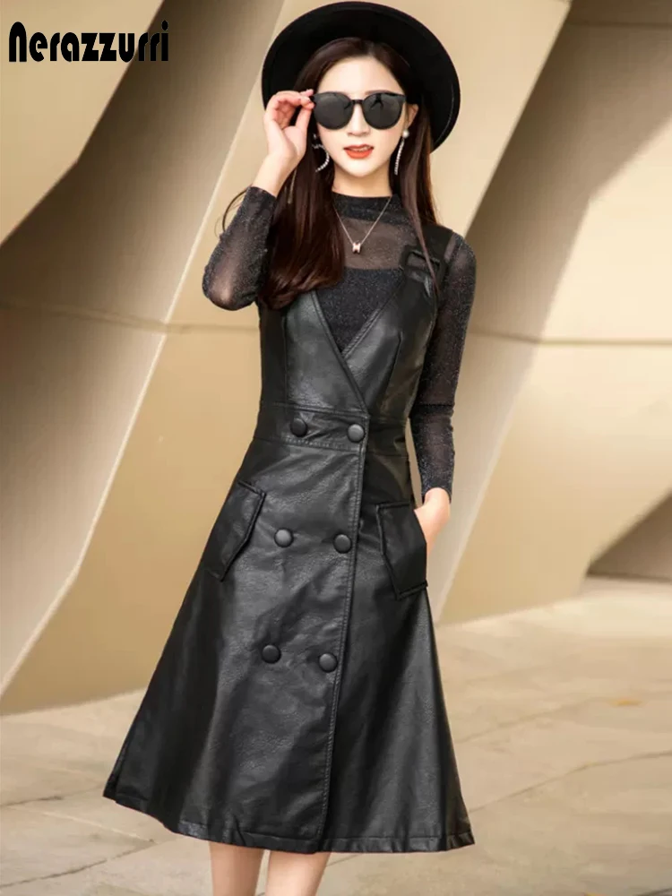 Nerazzurri Summer long black pu leather dress women strap midi faux leather dresses for women 2021 Womens Elegant Korean fashion