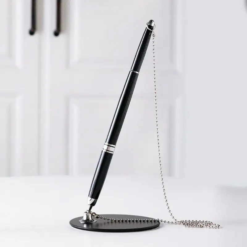 2025 New Classic Metal Ballpoint Pen Secure Chain Attached Base Stand Desk Office Counter Signature Pens Stationery Gift