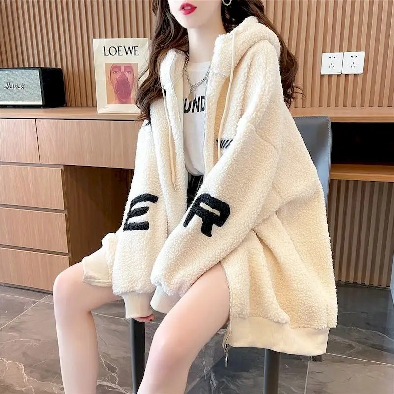 Autumn Winter Plus Velvet Padded Jacket Hooded Coat Women 2024 Loose Versatile Cardigan Zipper Hoodies Imitation Lamb Cashmere