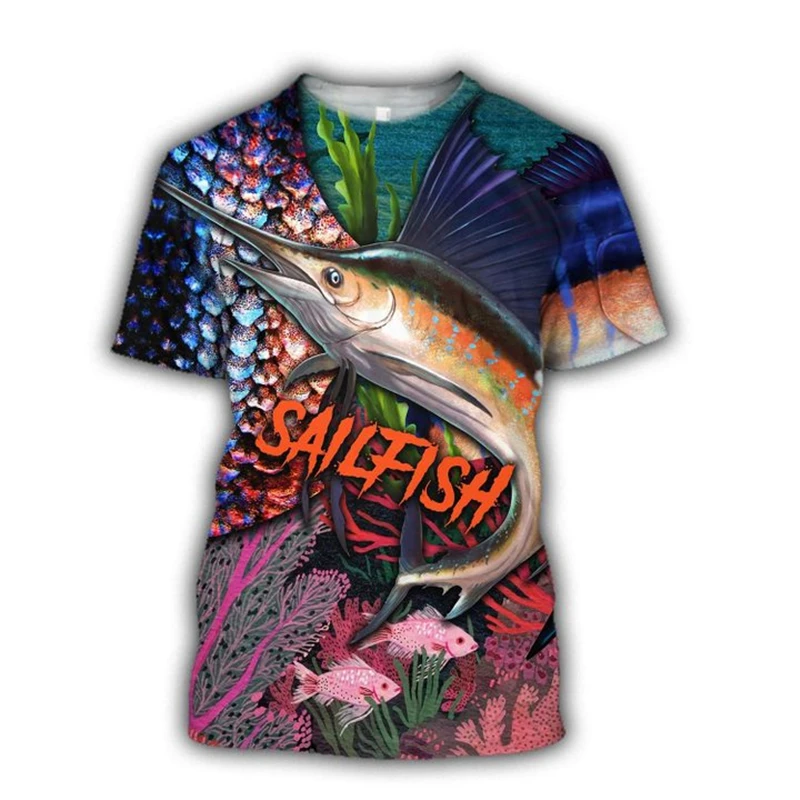 

New sailfish 3D pattern mens wear street Harajuku fashion women's sports short sleeves outdoor essential crew neck men's T-shir