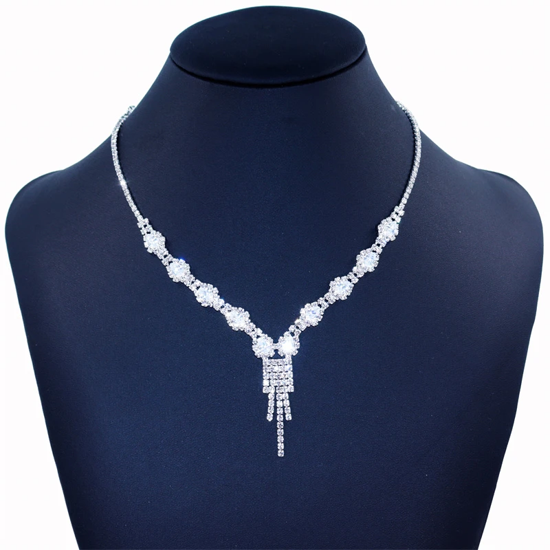 New Silver Color Bling Rhinestone Crystal Bridal Jewelry for Women Fashion Tassel Necklace Wedding Jewelry Accessories Wholesale