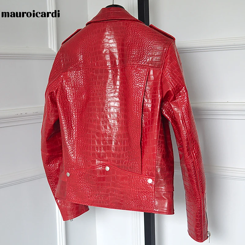 Mauroicardi Spring Red Crocodile Pattern Faux Leather Biker Jacket Long Sleeve Zipper Plus Size Designer Men Clothing 4xl 5xl