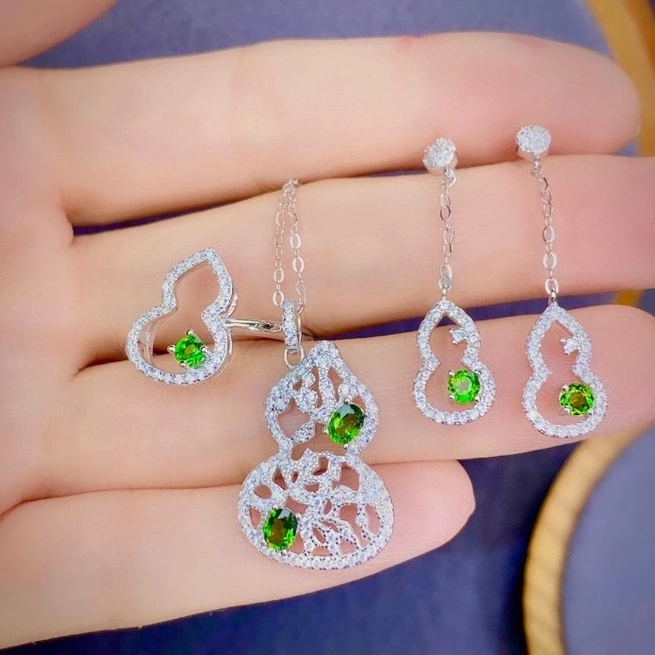 

KJJEAXCM fine Jewelry 925 sterling silver natural Diopside pendant ring earring set Girl Gift Birthday Party Wedding New christm