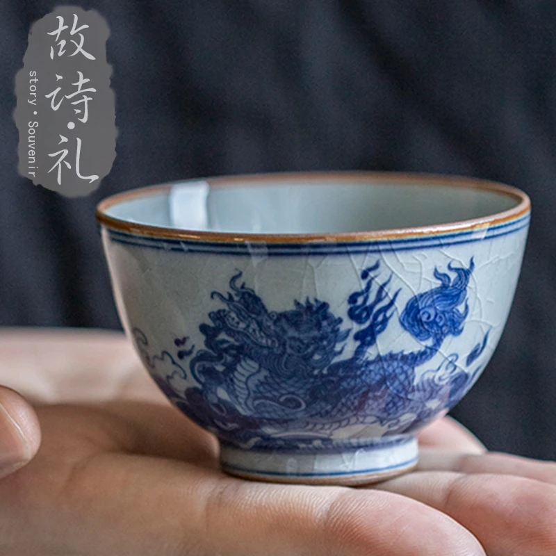 underglaze color hand-painted pure handmade blue and white Kirin high-grade men's gift Master Cup single tea cup