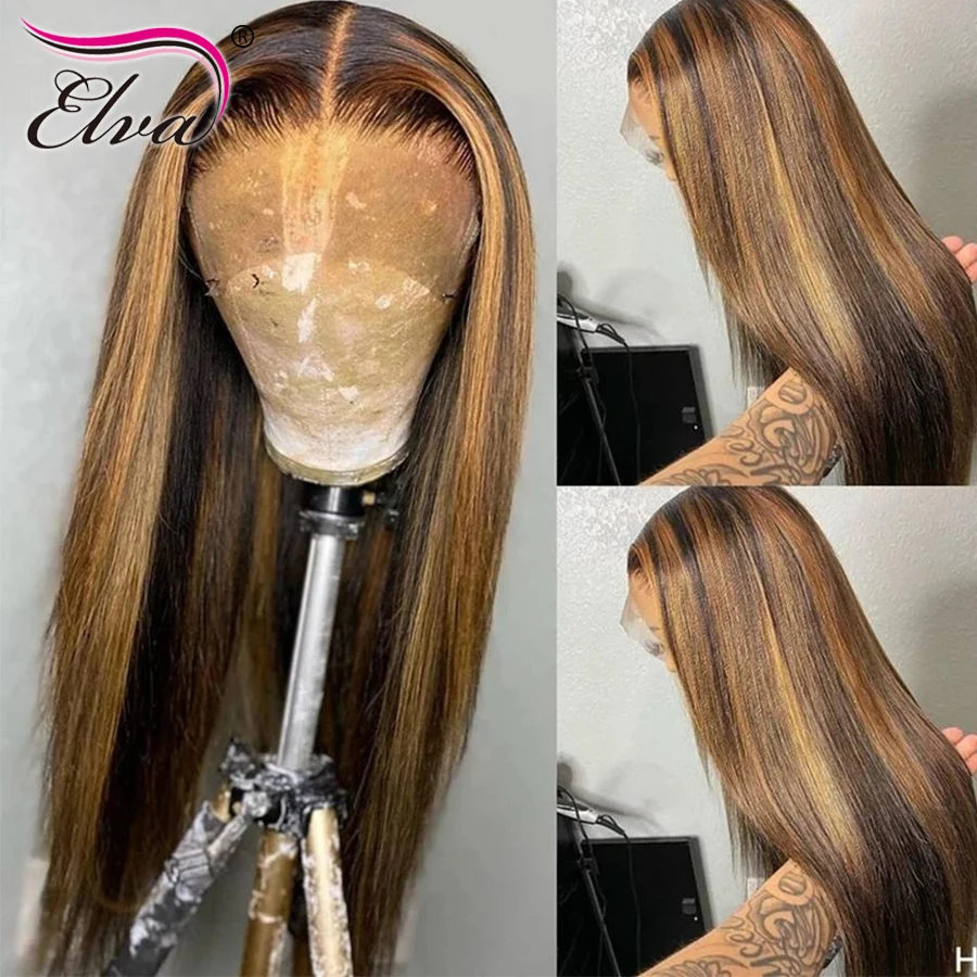 13x6 Ombre Human Hair Wigs Straight Lace Frontal Wig Hightlight Lace Front Wig Pre Plucked Natural Colored Brown Brazilian Hair