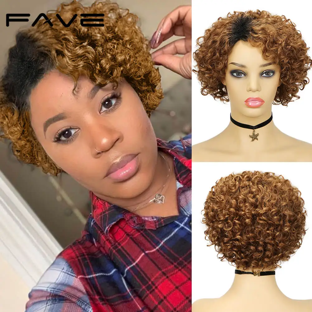 FAVE – Perruque Brésilienne Naturelle Remy, Cheveux Courts Bouclés, Coupe Pixie, Brun # 1B, Haute Densité, Partie Latérale Sans Colle, pour Femme