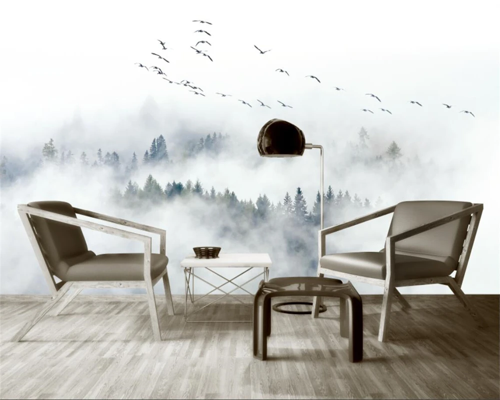 

Custom wallpaper photo bird pine forest TV background wall misty forest mural home decoration living room bedroom 3d wallpaper