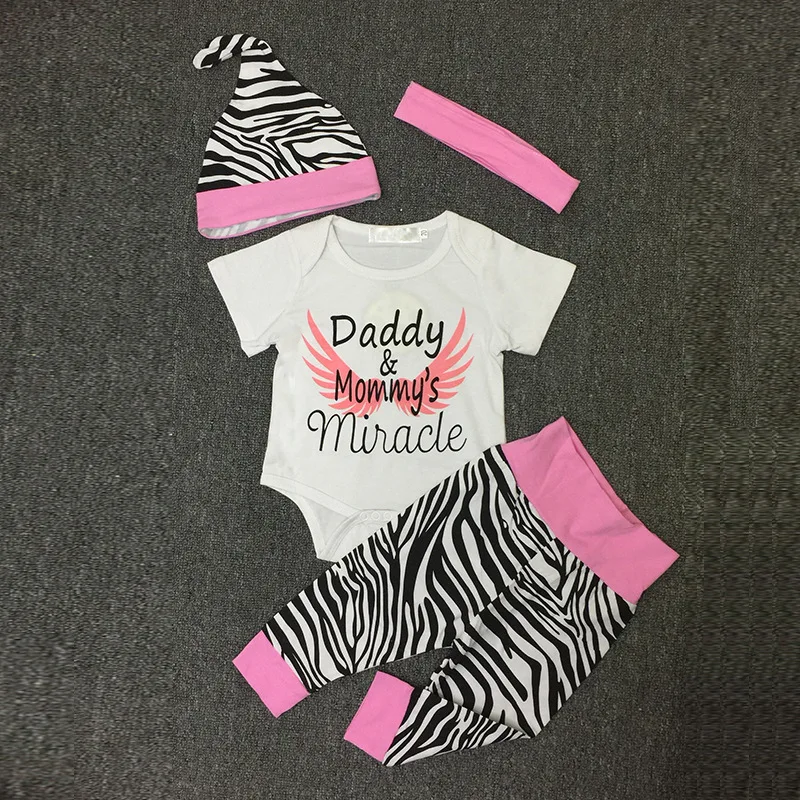 Newborn Baby girls 4PCS clothing Sets   Daddy & Mommy's Miracle Bodysuit + Zebra Pants+Hat +Headband Infant Toddle Girls Outfit