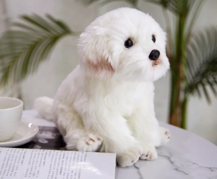 Jouet en peluche de simulation de chien maltais, environ 35x21x26cm, poupée douce de malte accroupie, jouet pour enfants, cadeau de noël w2904