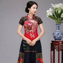 Sexy red Lace Summer Women Shirt Top Chinese Style Cotton Linen Blouse Tradition Flower Clothing S - XXXL women blouse
