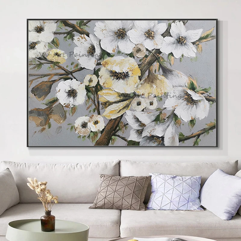 100% Hand Painted Oil Painting White Magnolia Floral Impasto Canvas Wall Art For Living Room Hotel Decor