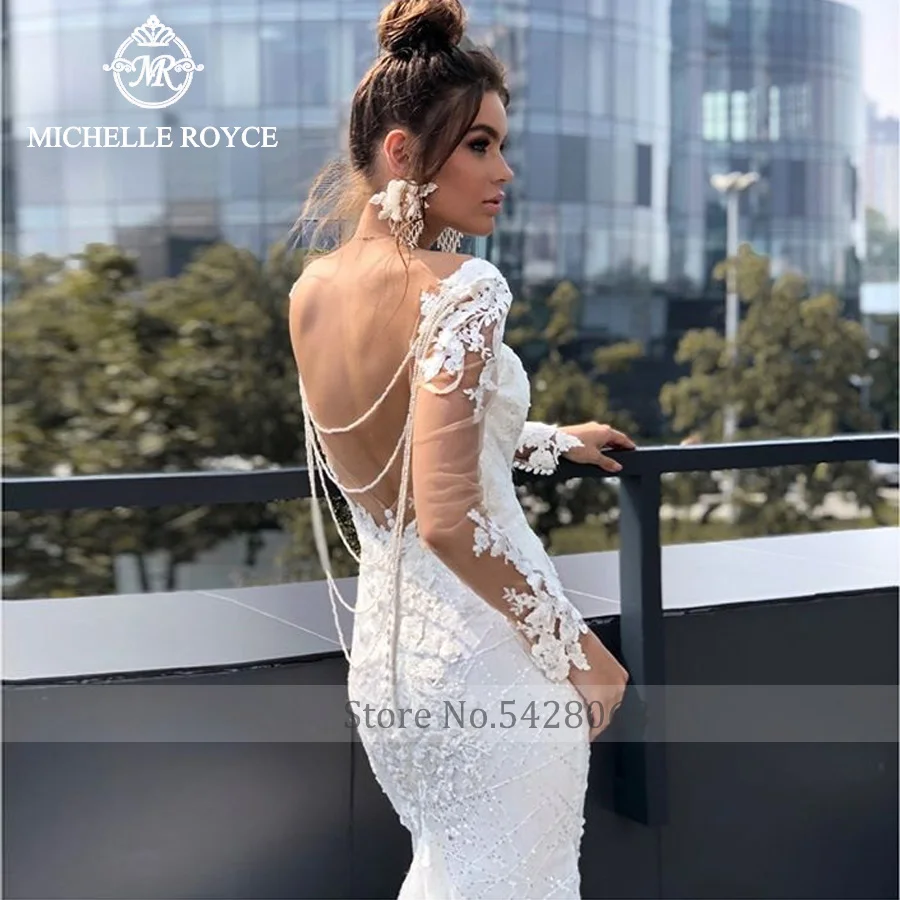 Michelle Royce Scoop ชุดเดรสเมอร์เมดเซ็กซี่ภาพลวงตา Appliques ประดับด้วยลูกปัด Backless Chapel Train ชุดแต่งงาน Vestido De Novia